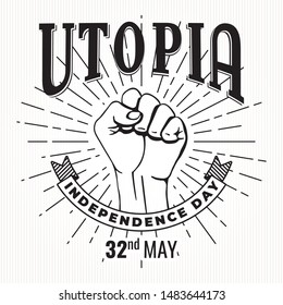 Utopia Imagined Country Logo with Raised Hand Clenched into Fist Contrast Graphic Style Sign over Rays Circle and Independence Lettering on Ribbon on Striped Background - Vector Hand Drawn Design