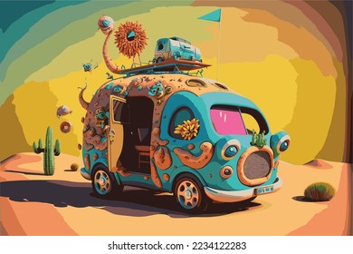 Utopian car, Comic car, minibus going on holiday. Car vector, illustration