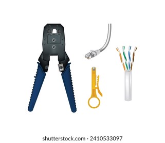 UTP crimping tool and cables. vector illustration