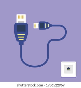 UTP network cable vector illustration.LAN cable and network socket for internet. 