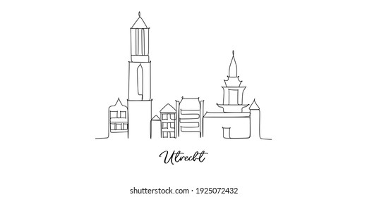 Utrecht city of the Netherlands landmarks skyline - Continuous one line drawing