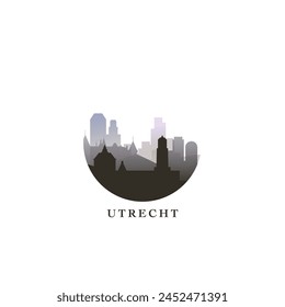 Utrecht cityscape, gradient vector badge, flat skyline logo, icon. Netherlands, Holland city round emblem idea with landmarks and building silhouettes. Isolated graphic