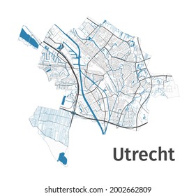 Utrecht map. Detailed map of Utrecht city administrative area. Cityscape panorama. Royalty free vector illustration. Outline map with highways, streets, rivers. Tourist decorative street map.