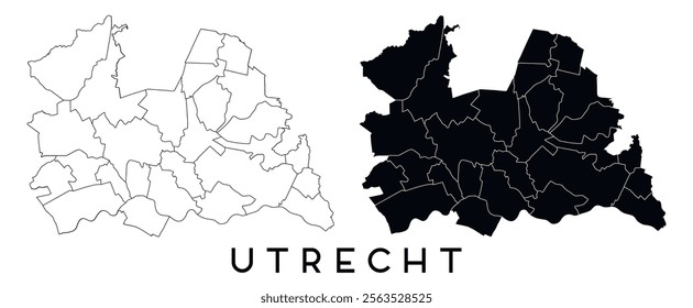 Utrecht map of regions districts vector black on white and outline