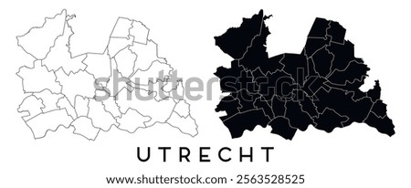 Utrecht map of regions districts vector black on white and outline