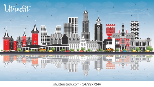 Utrecht Netherlands City Skyline with Color Buildings, Blue Sky and Reflections. Business Travel and Tourism Concept with Historic Architecture. Utrecht Cityscape with Landmarks.