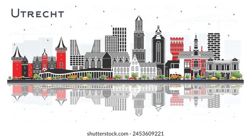 Utrecht Netherlands City Skyline with Color Buildings and reflections Isolated on White. Business Travel and Tourism Concept with Historic Architecture. Utrecht Cityscape with Landmarks. 
