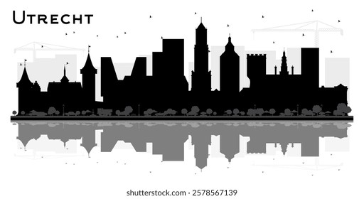 Utrecht Netherlands City Skyline Silhouette with Black Buildings and reflections Isolated on White. Travel and Tourism Concept with Historic Architecture. Utrecht Cityscape with Landmarks. 