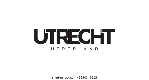 Utrecht in the Netherlands emblem for print and web. Design features geometric style, vector illustration with bold typography in modern font. Graphic slogan lettering isolated on white background.