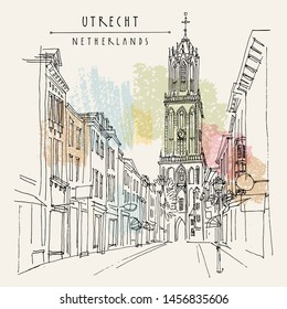 Utrecht, Netherlands, Europe. The Dom Tower (Cathedral Tower). Hand drawn vintage touristic postcard