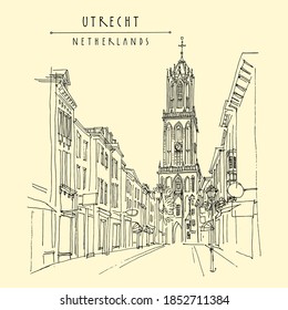 Utrecht, Netherlands, Europe. The Dom Tower (Cathedral Tower). Hand drawn vintage touristic postcard