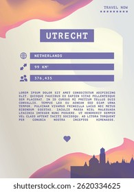 Utrecht, Netherlands vector infographics, brochure layout. Guide, leaflet, flyer, advertising graphic template with text, information, city skyline shape. Page, festival, cover mock up image