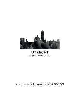 Panorama de Utrecht, insignia de Vector, logotipo del horizonte e ícono. Holanda, Holanda Logotipo del horizonte de la ciudad con Lugares famosos y siluetas de construcción. Gráfico de gradiente abstracto brumoso aislado