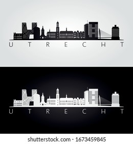 Utrecht skyline and landmarks silhouette, black and white design, vector illustration.  