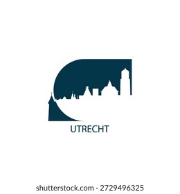 Utrecht vector icon with skyline, panoramic view, outlook shape. Netherlands city landmarks logo concept. Flat isolated graphic, badge