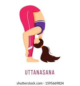 Uttanasana flat vector illustration. Standing forward bend. Caucausian woman performing yoga posture in pink and purple sportswear. Workout. Isolated cartoon character on white background
