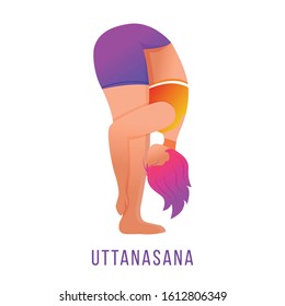 Uttanasana flat vector illustration. Standing forward bend. Caucausian woman doing yoga in orange and purple sportswear. Workout. Physical exercise. Isolated cartoon character on white background