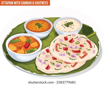 Uttapam with Sambhar, Kara and Coconut Chutneys Served on Banana Leaf in a Plate. Classic South Indian Breakfast Cuisine Illustration 