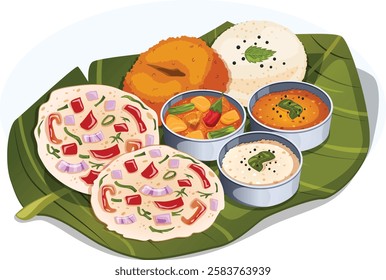 Uttapam, Vada and Idli Served with Sambar, Kara and Coconut Chutney on Bana Leaf. Traditional Tamil Breakfast Sadhya Detailed Illustration 