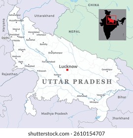 Uttar Pradesh map an Indian state showing its districts and neighbouring states
