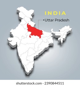 Localización del mapa de Uttar Pradesh en el mapa isométrico indio 3d. Ilustración vectorial del mapa de Uttar Pradesh