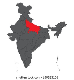 Uttar Pradesh red on gray India map vector