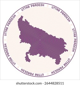 Projeto do logotipo redondo de Uttar Pradesh. Forma de estado de anéis. Texto de Uttar Pradesh em todo o estado. Impressionante ilustração vetorial.