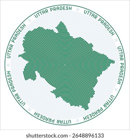 Projeto do logotipo redondo de Uttar Pradesh. Forma de estado de anéis. Texto de Uttar Pradesh em todo o estado. Ilustração de vetor surpreendente.