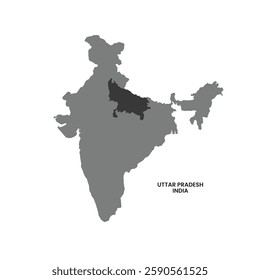 Uttar Pradesh state, India, vector map silhouette illustration isolated on India map. Editable blank vector map of India.