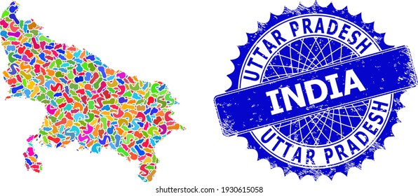 Uttar Pradesh Staatskarte Abstraktion. Splash-Mosaik und korrodierte Stempelsiegel für Uttar Pradesh State Map. Sharp rosette blauen Stempelsiegel mit Text für Uttar Pradesh State Map.