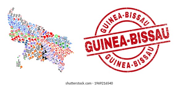Uttar Pradesh State map collage and rubber Guinea-Bissau red circle stamp seal. Guinea-Bissau seal uses vector lines and arcs. Uttar Pradesh State map collage contains markers, homes, showers, suns,