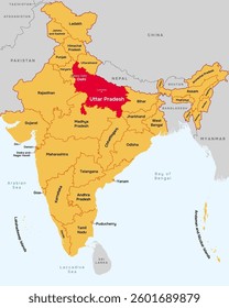 Uttar Pradesh state map, India. Editable vector map with state name, border, and Lucknow capital city.