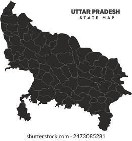 Mapa del Vector de Uttar Pradesh sobre fondo blanco. Mapa de Locación de UP, un estado en el norte de India. Ilustración vectorial de mapas de Uttara. con trazos blancos para los distritos. Meerut, Banaras, kashi