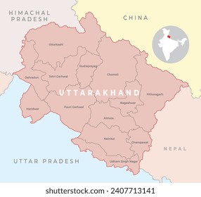 Uttarakhand district locator map with neighbour state and country