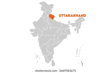 Uttarakhand map highlighted with name, Indian states, suitable for education, business, presentations, print, web use, and creative geographic projects. Indian union territory.