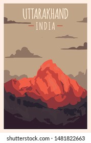 Uttarakhand Nanda Devi mountain retro poster. Uttarakhand travel illustration. States of India greeting card. 