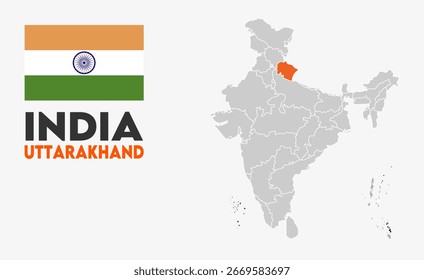 Mapa político de Uttarakhand, adecuado para proyectos educativos, empresariales, de presentación, impresos, de uso de Web y geográficos creativos. Territorio de la unión india.