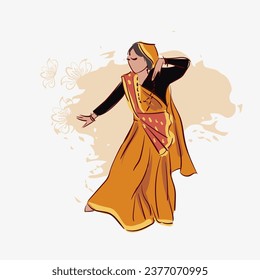 Uttarakhand estado India mujer india de etnia hindú baila sketch tradicional decorativo aislado 