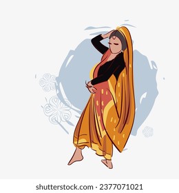 Uttarakhand state India ethnic indian woman girl dance traditional sketch isolated decorative 