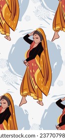 Uttarakhand state India ethnic indian seamless pattern woman girl dance traditional sketch isolated decorative 