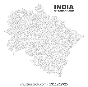 Uttarakhand State map designed with little dots. Vector abstraction in black color is isolated on a white background. Scattered little dots are organized into Uttarakhand State map.