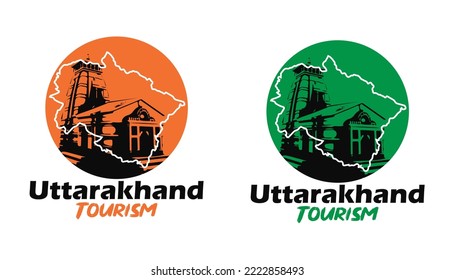 Turismo Uttarakhand 2 tipos de logotipo con mapa uttarakhand y silueta de templo kedarnath.