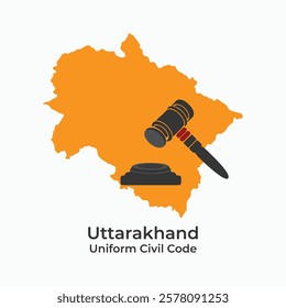 Uttarakhand Uniform Civil Code vector, illustration. Uttarakhand map with gavel design.