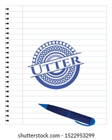 Utter emblem with pen effect. Blue ink. Vector Illustration. Detailed.