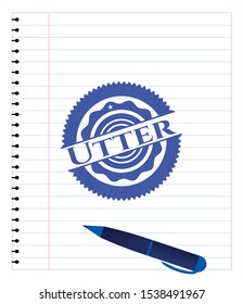 Utter emblem with pen effect. Blue ink. Vector Illustration. Detailed.