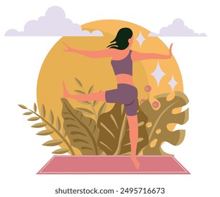 Utthita Hasta Padangusthasana 2. Poster, background with a girl doing yoga in the fresh air, in nature. Vector illustration