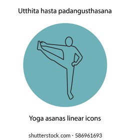 Utthita hasta padangusthasana yoga position. Linear icon. Thin line illustration. Yoga asana contour symbol. Vector isolated outline drawing