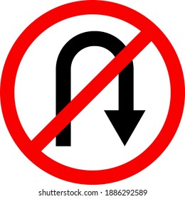 U-turn prohibited sign. Red circle background. Traffic safety signs and symbols.