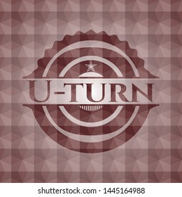 U-turn red emblem or badge with abstract geometric polygonal pattern background. Seamless.
