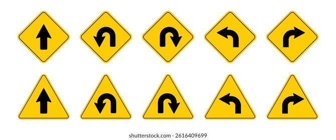 U-Turn Right and Left Traffic Road Icon. Road Traffic Arrow Right and Left Sign Symbol. . Go Straight This Way One Way Only U Turn Left and Right yellow and black. Vector illustration.
